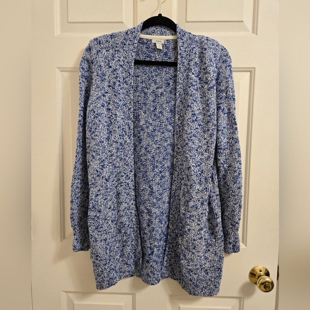 L.L. Bean Women's Cable Knit Blue And White 100% Cotton Cardigan Size Small